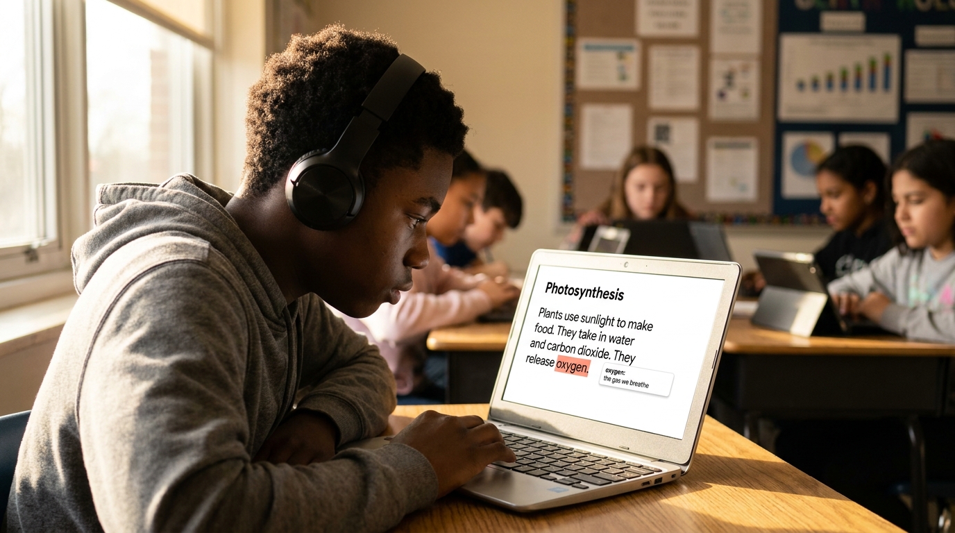 A high-school student at a Chromebook with over-ear headphones, screen showing a passage about photosynthesis with the word "oxygen" highlighted and a dictionary popup — assistive technology in active classroom use.