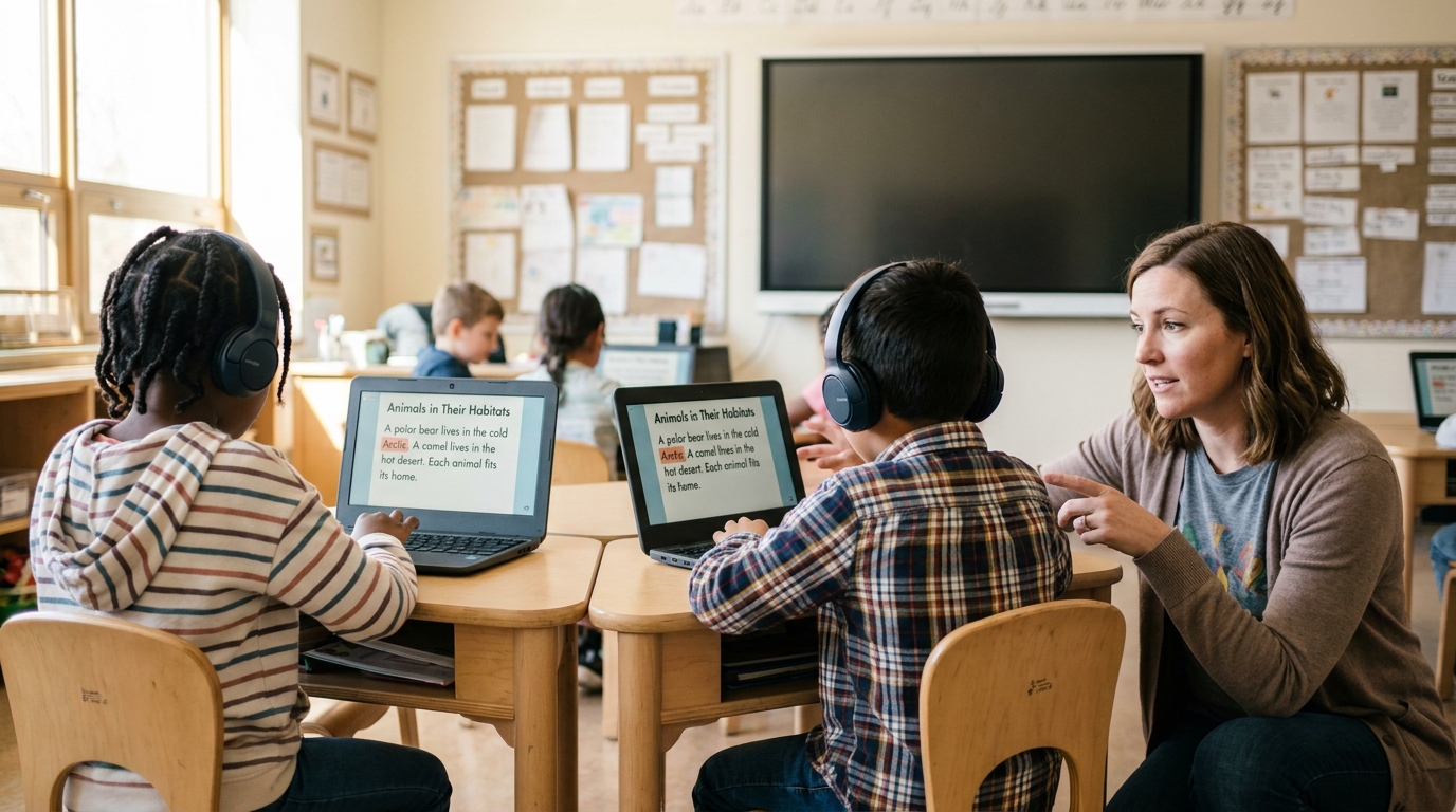 Two elementary students at adjacent Chromebooks both wearing over-ear headphones, both screens showing the same passage about animals in their habitats with "Arctic" highlighted, as a teacher leans in to support.