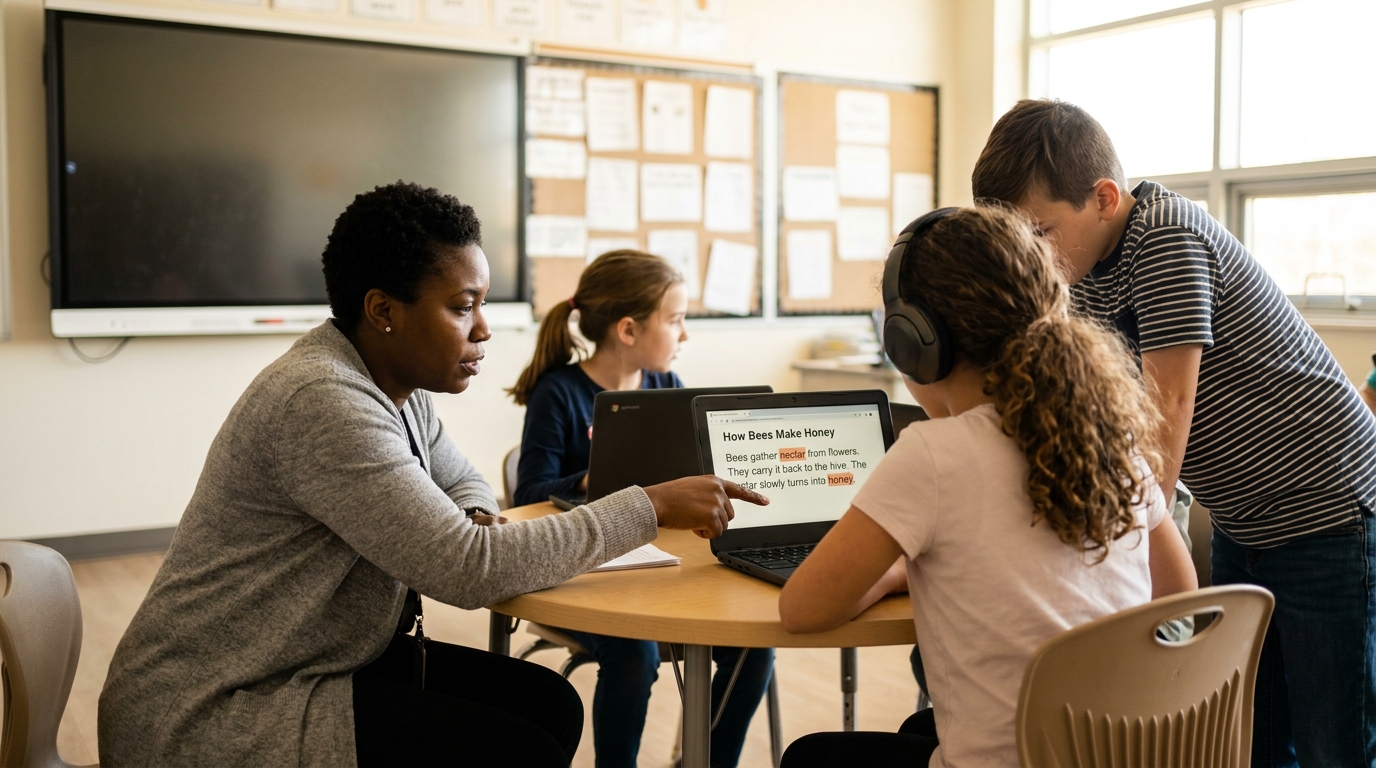 A teacher gathered with three upper-elementary students, one wearing headphones at a Chromebook showing a passage about how bees make honey with "nectar" highlighted — text-to-speech as a classroom accommodation.