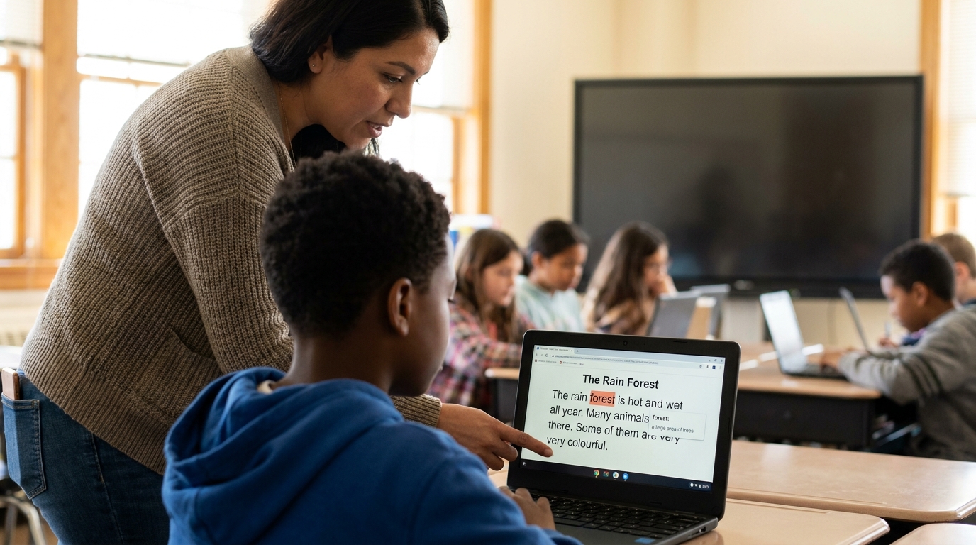 A teacher leaning in to support a middle-school student at his Chromebook, screen showing a passage about the rain forest with "forest" highlighted and a dictionary popup — dyslexia-friendly classroom accommodations in active use.