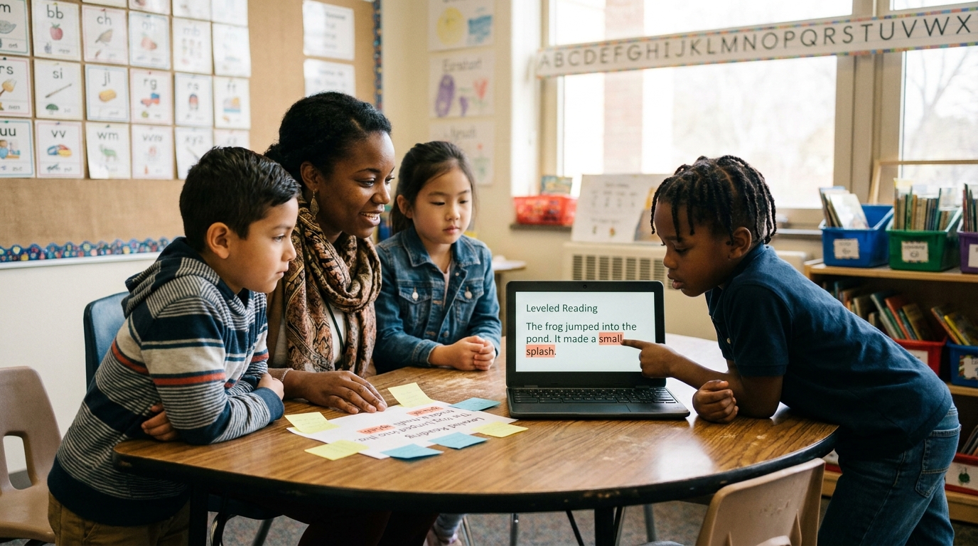 A small-group MTSS Tier 2 reading intervention at a kidney-shaped table: a teacher with three diverse elementary students reading a leveled passage on a Chromebook with a printed copy and sticky notes beside it.
