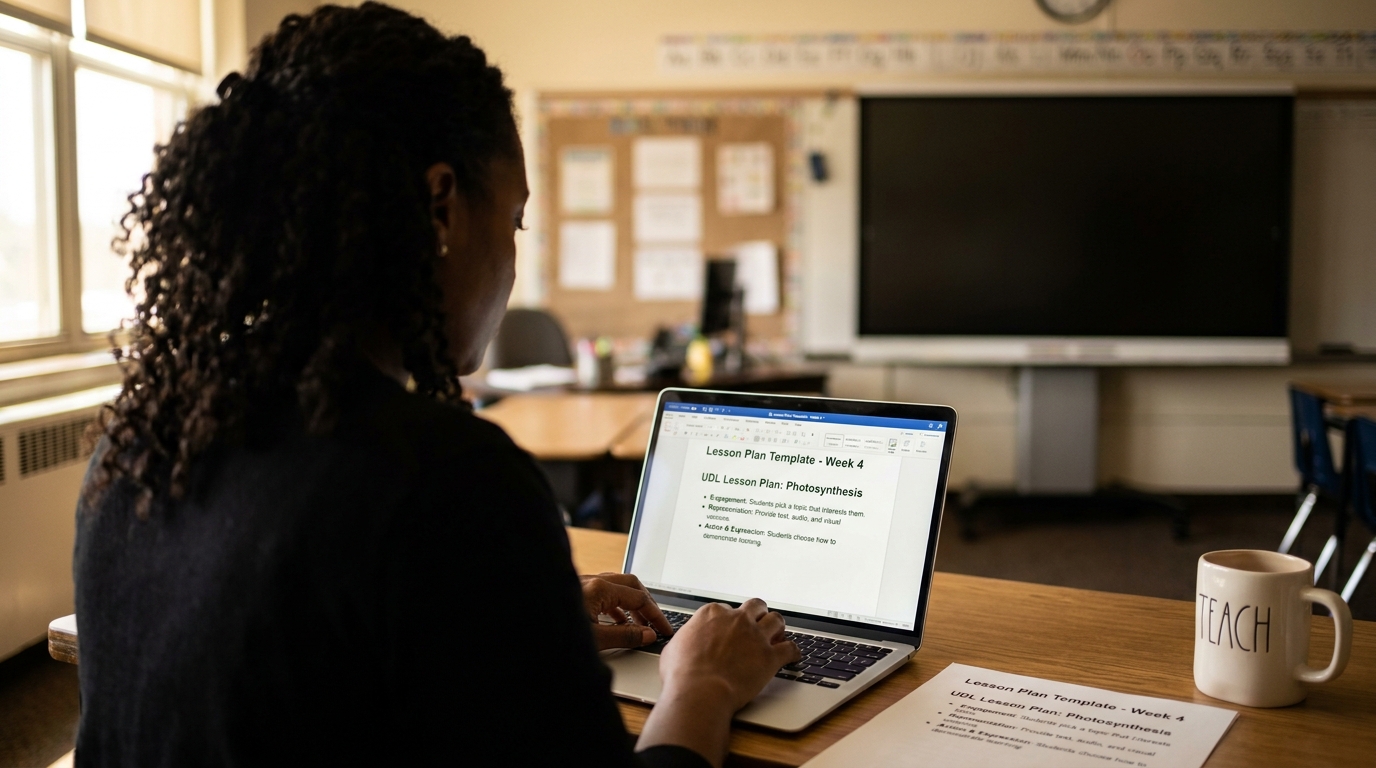 Over-the-shoulder view of a teacher at her desk with a UDL Photosynthesis lesson plan open on her laptop, beside a printed copy and a TEACH mug.