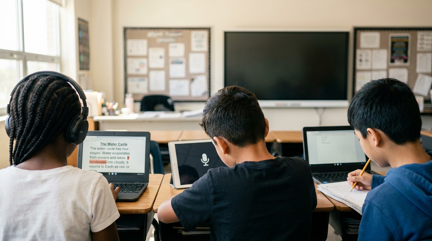 Three middle-school students seen from behind, each working in a different UDL modality on a Water Cycle lesson: headphones with TTS, tablet speech-to-text, handwritten notes.