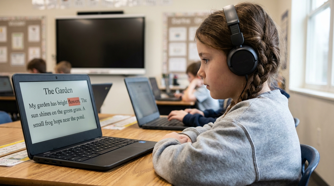 A young elementary student in headphones at a Chromebook with dyslexia-friendly larger serif font and wider line spacing, screen showing a Garden passage with "flowers" highlighted.