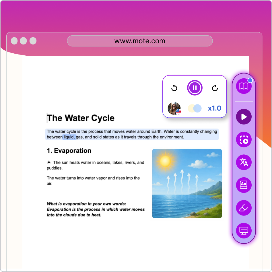Mote Read Aloud feature active on a student Chromebook with word-level highlighting across a classroom assignment