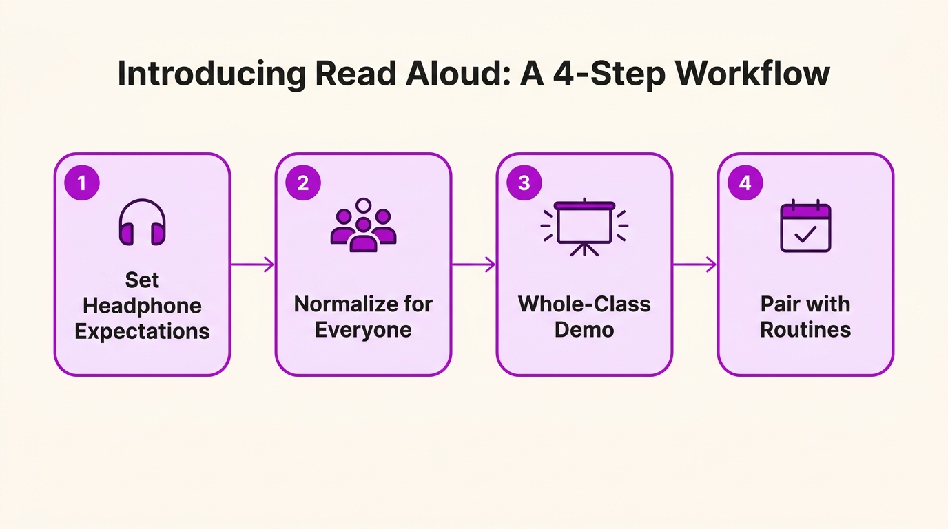 Introducing Read Aloud — A 4-Step Classroom Workflow: Set Headphone Expectations, Normalize for Everyone, Whole-Class Demo, Pair with Routines.