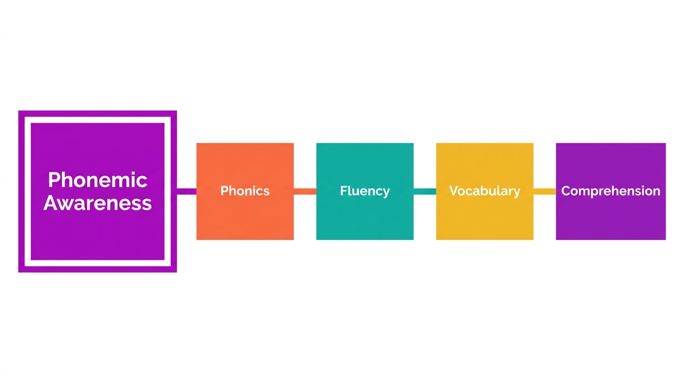 Diagram of the five pillars of reading with phonemic awareness highlighted.