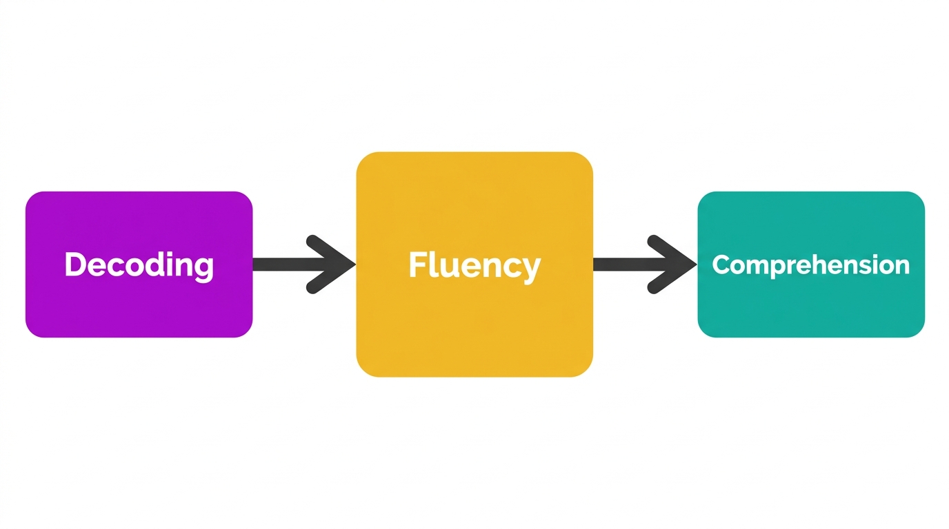 Diagram showing decoding leading to fluency leading to comprehension.