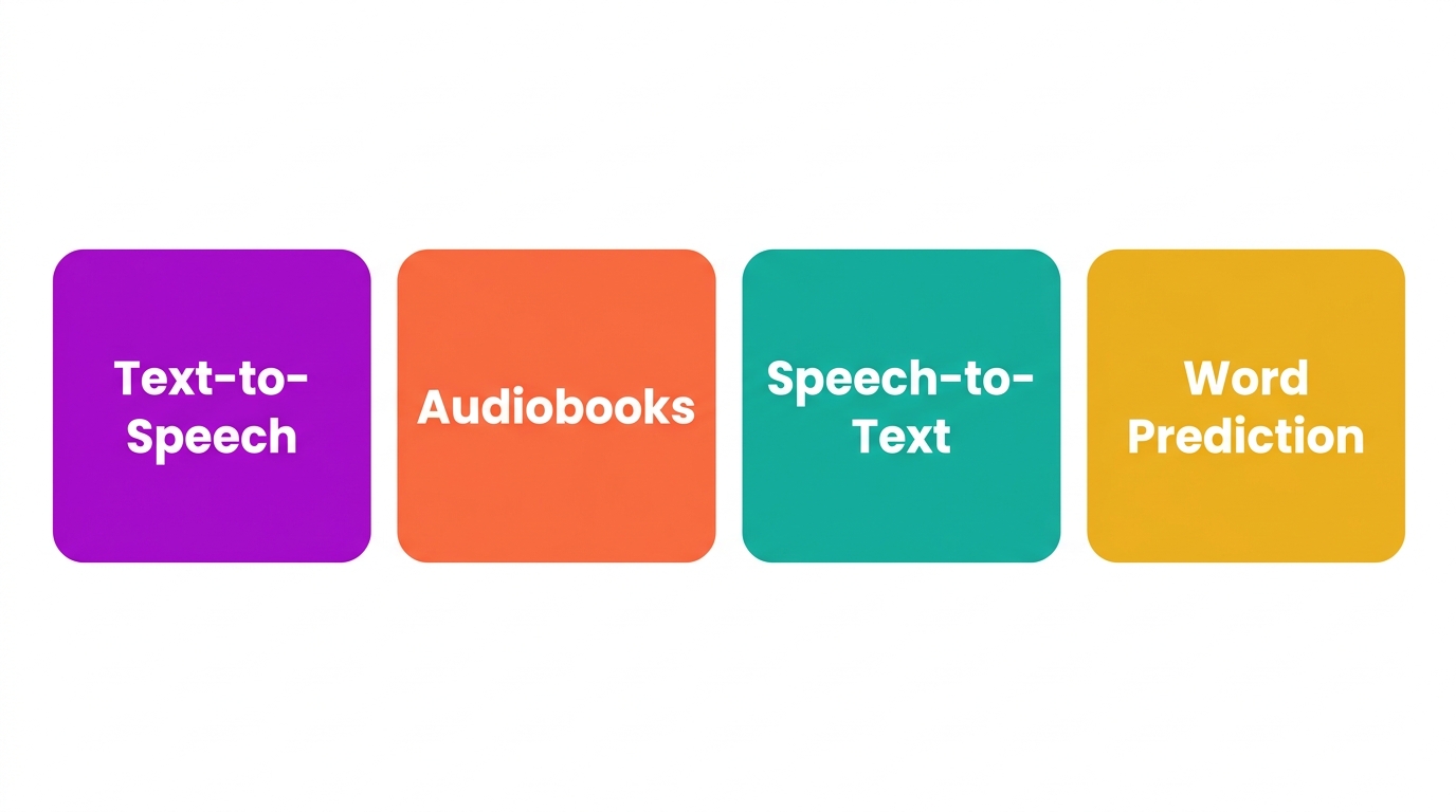 Diagram of reading and writing AT tools: text-to-speech, audiobooks, speech-to-text, word prediction.