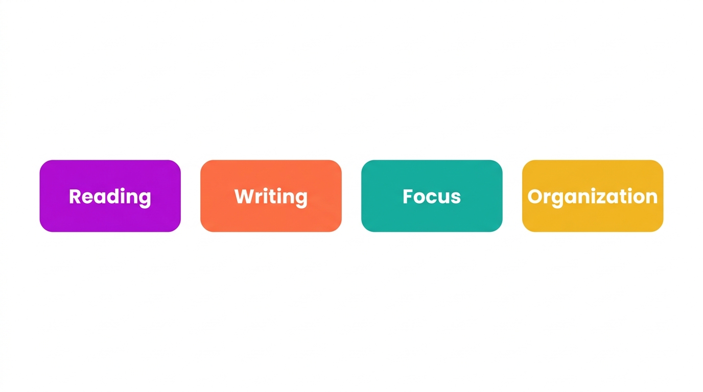 Diagram of free assistive technology categories: reading, writing, focus, organization.