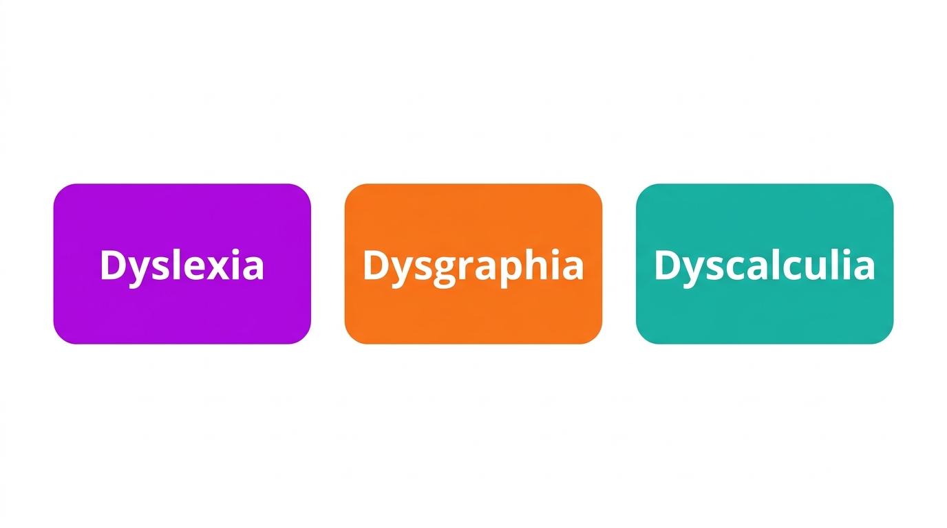 Diagram of learning disabilities: dyslexia, dysgraphia, dyscalculia.