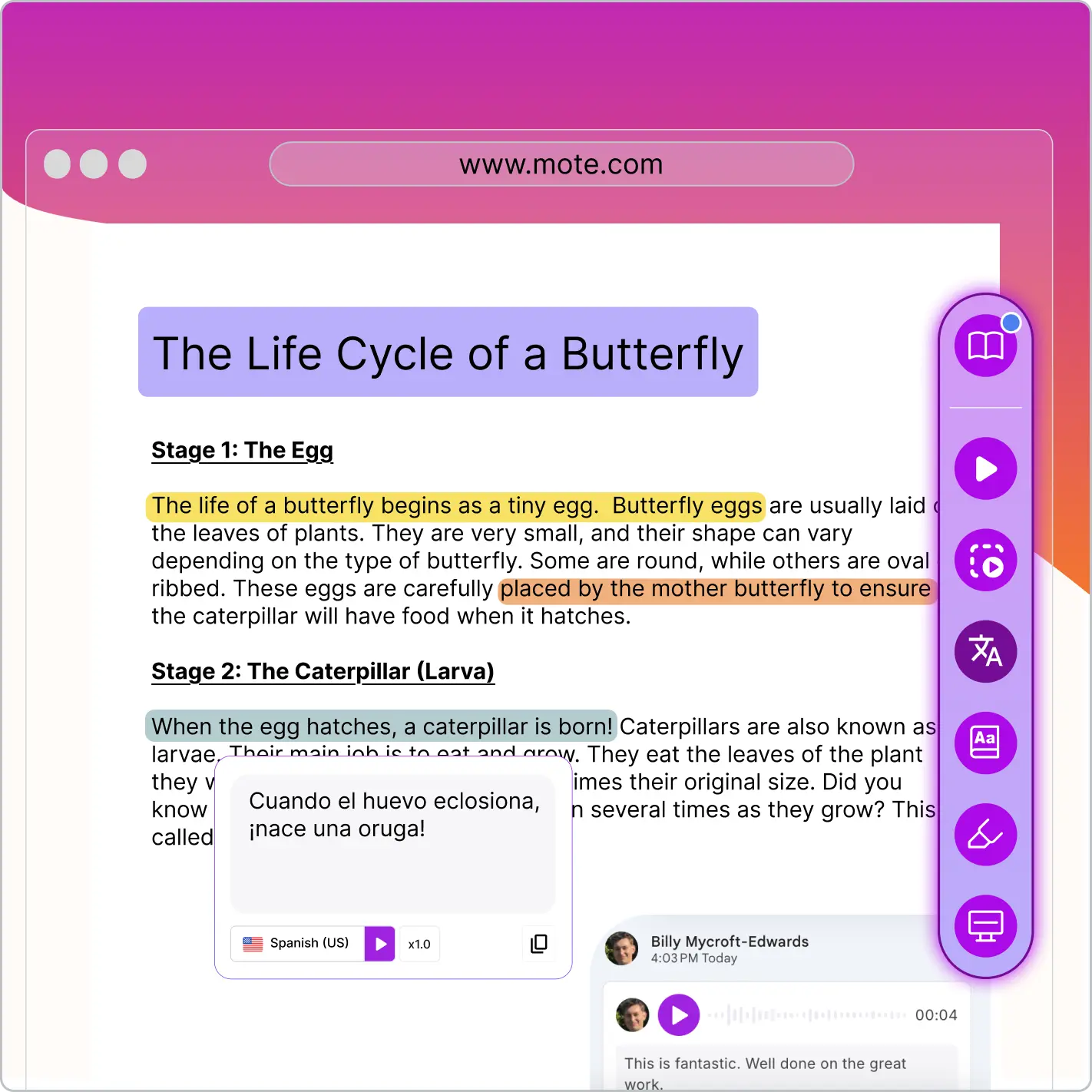 Students using Mote UDL tools in Google Workspace - Read Aloud, voice notes, and translation features visible on a Chromebook screen