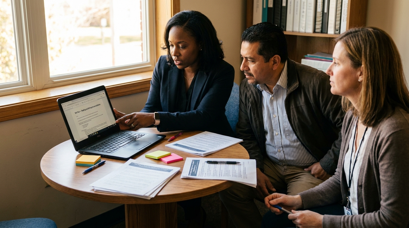A 504 plan meeting in a school office: a 504 coordinator reviews a 504 plan template on a laptop with a parent and a classroom teacher, printed Section 504 reference materials on the table.