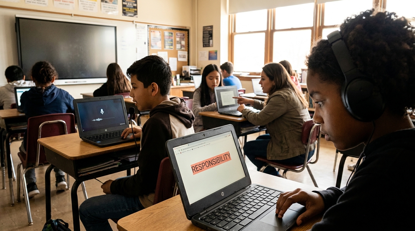 Multiple students with learning disabilities in one classroom each using a different AT: headphones with text-to-speech, a speech-to-text microphone on a Chromebook, and screen mask focus tools.
