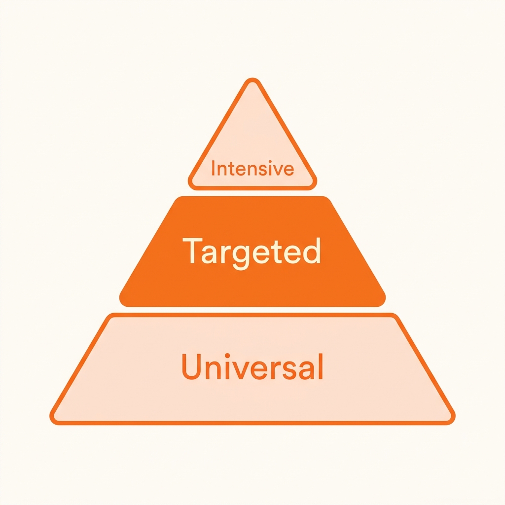 Coral MTSS pyramid concept illustration with the Targeted Tier 2 layer highlighted, representing targeted intervention tools for small groups.