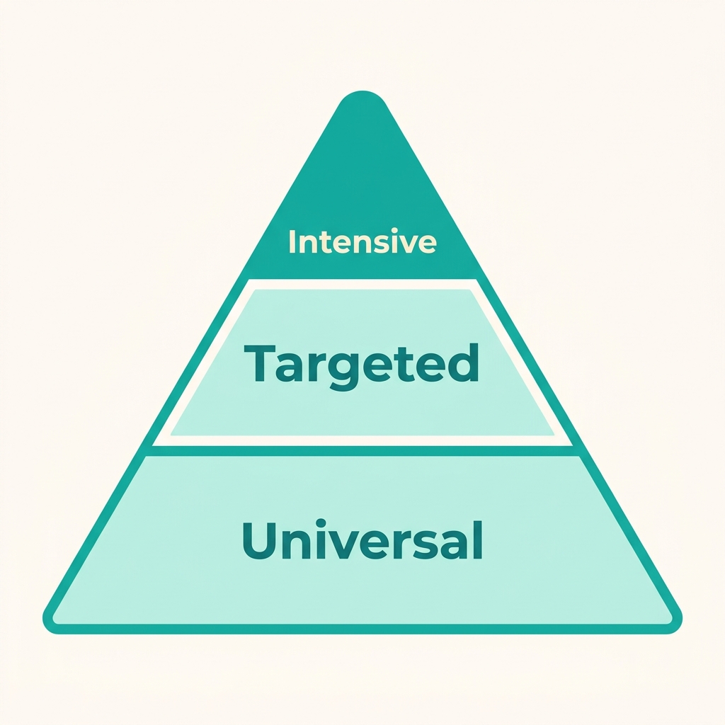 Teal MTSS pyramid concept illustration with the Intensive Tier 3 layer highlighted, representing intensive individualised support.