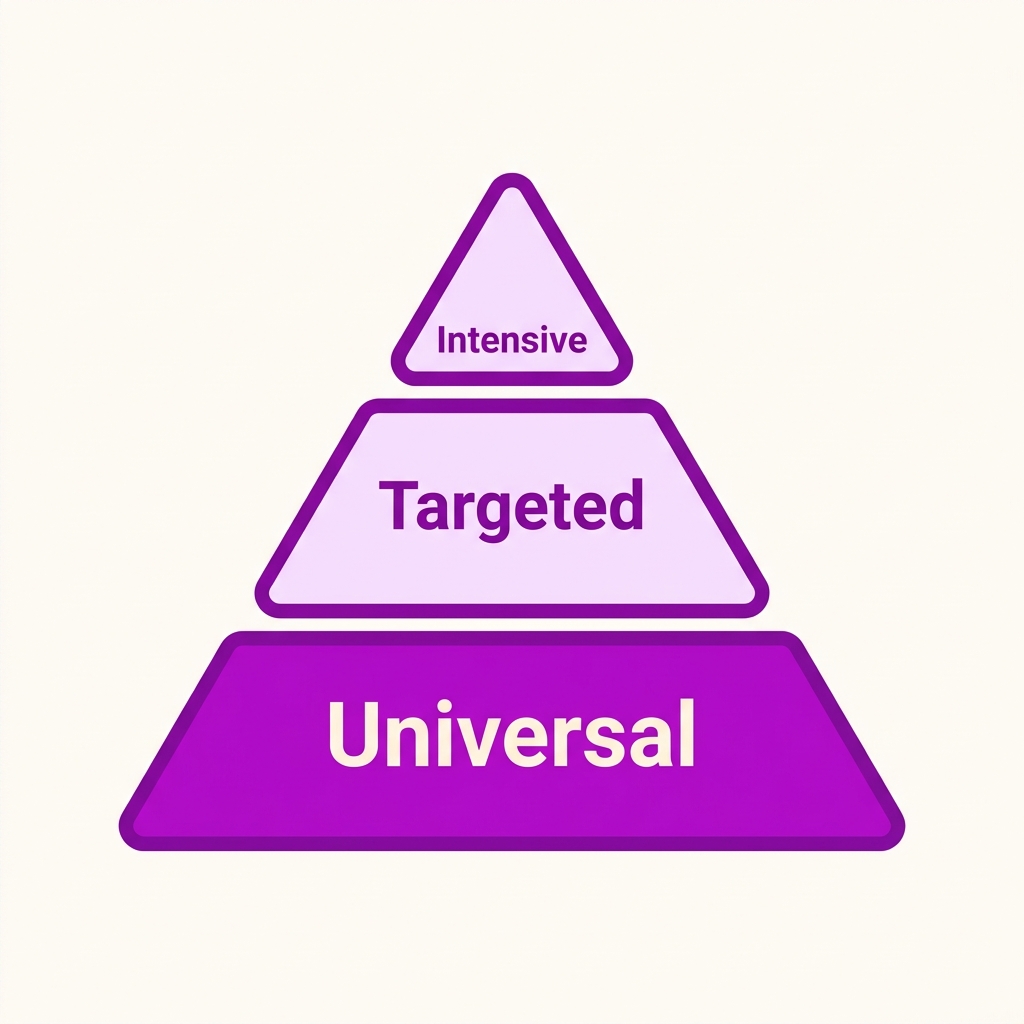 Purple MTSS pyramid concept illustration with the Universal Tier 1 layer highlighted, representing universal reading support for every student.