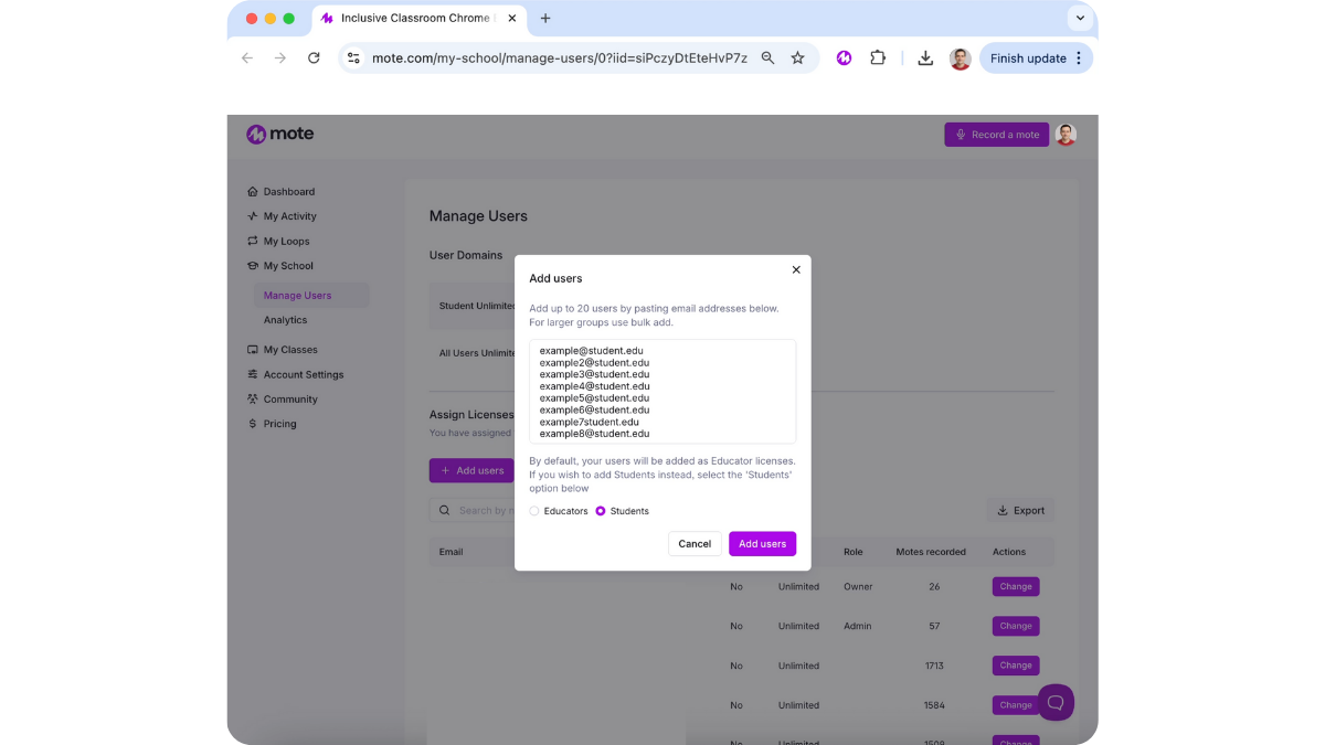 Quickly and easily add up to 20 new users to your Mote account if you know their email addresses.