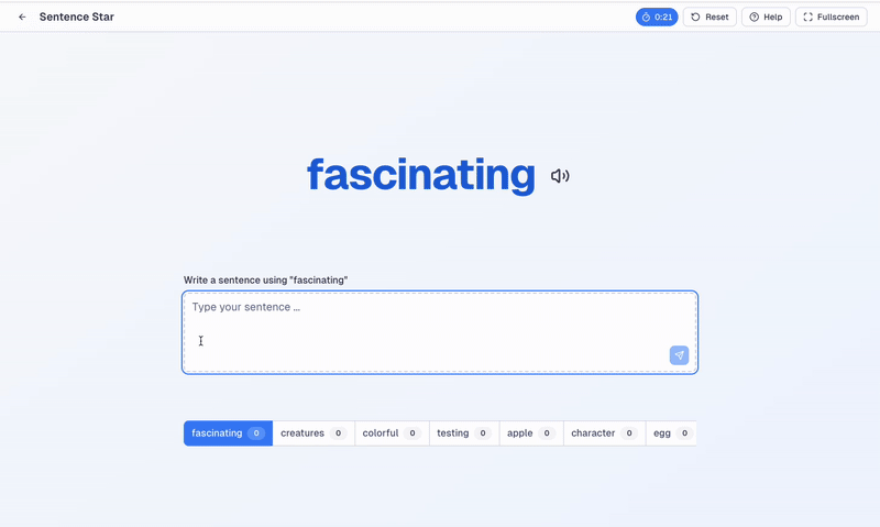 Practice writing full sentences that use words from your vocabulary list. Beat the clock by completing as many correct sentences as you can.