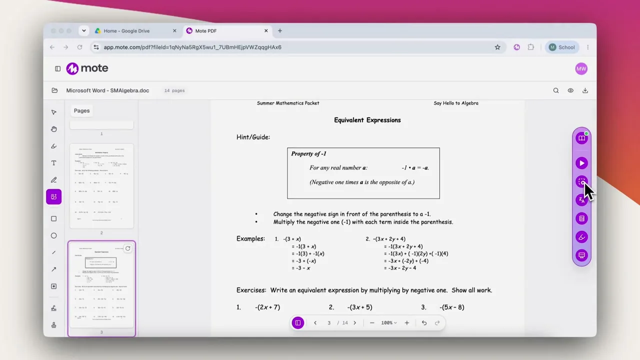 The Mote Sidebar open on a webpage