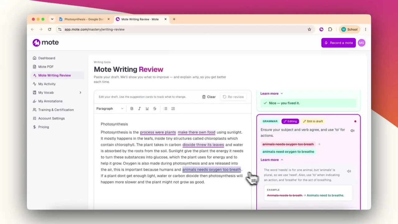 The Mote Sidebar open on a webpage