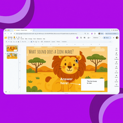 Reading a slide aloud and looking up a word with the Mote Sidebar during a Google Slides Slideshow