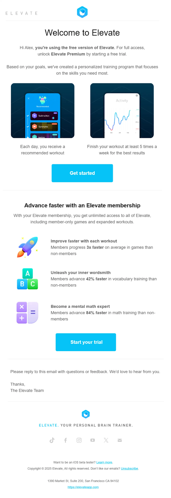 Elevate's onboarding email