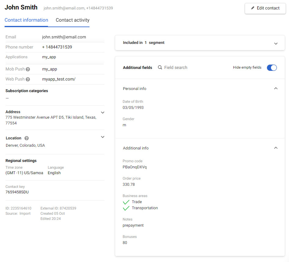 User Profile on Reteno platform