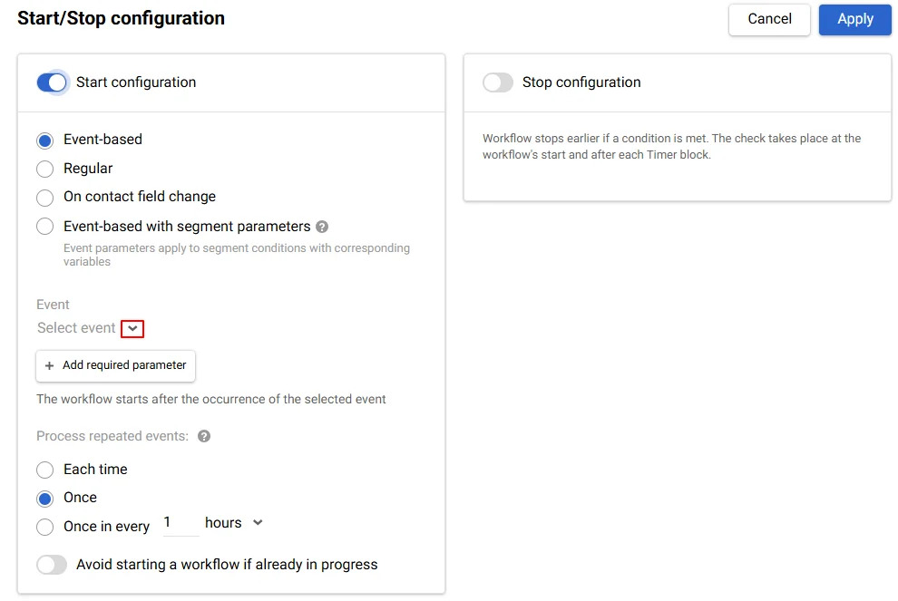Automated workflows start stop settings