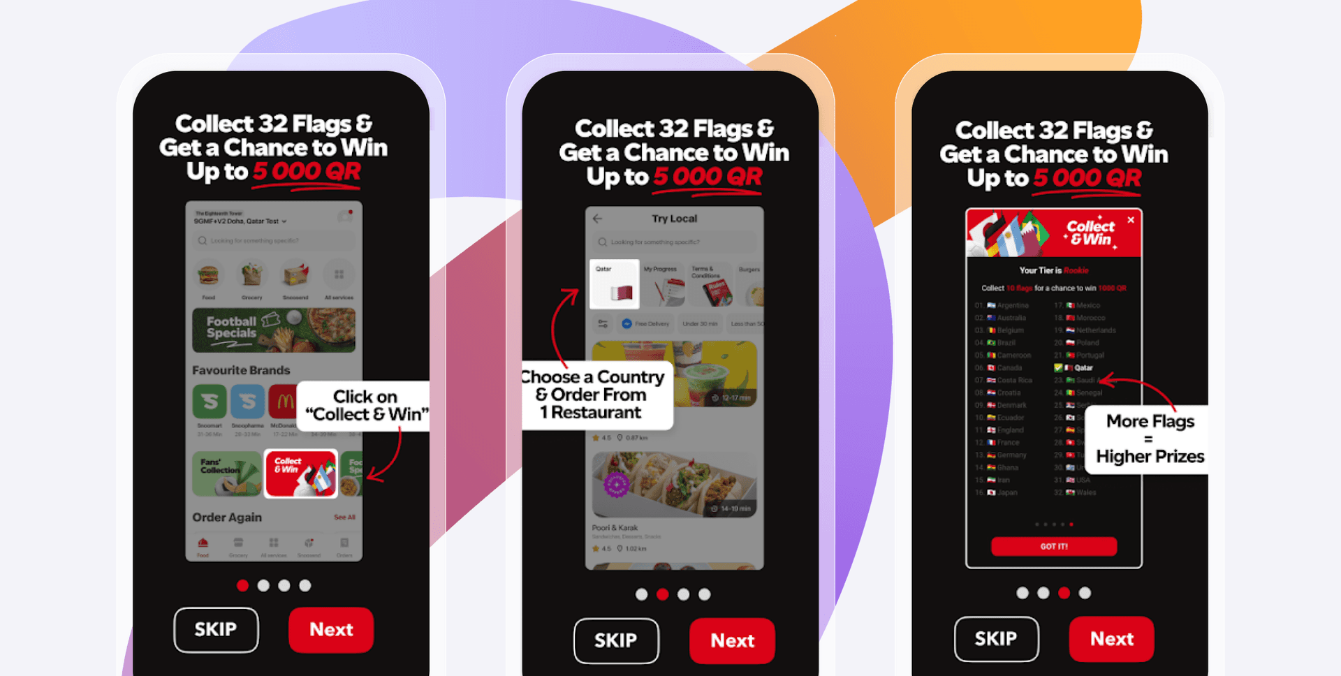 Three phone screens illustrate an app promotion to collect 32 flags by ordering from countries for a chance to win up to 5000 QR.