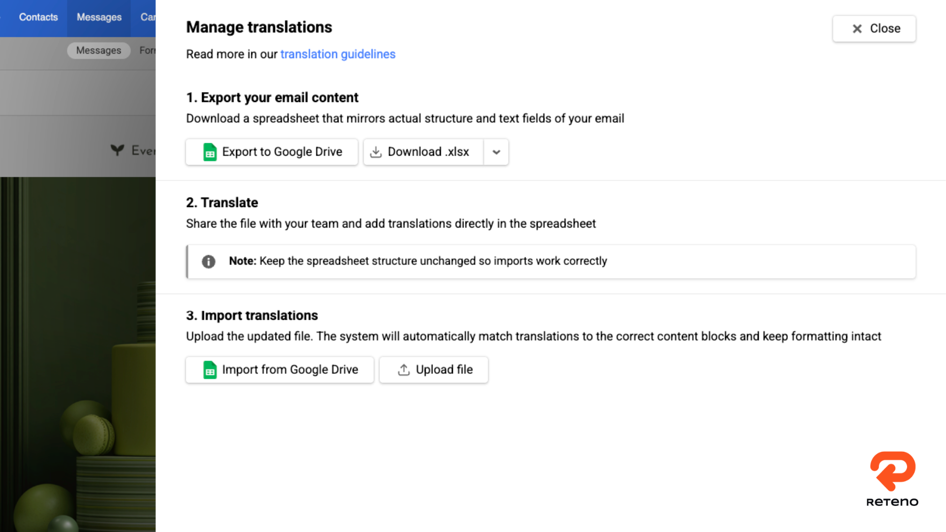 Managing Email Translations Through Google Sheets on Reteno platform