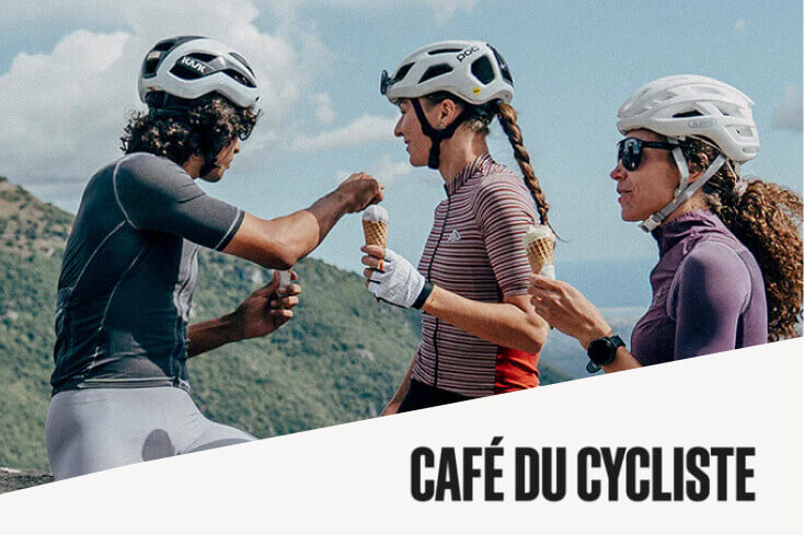 Photo of three cyclists eating ice cream with Cafe du Cyclise logo