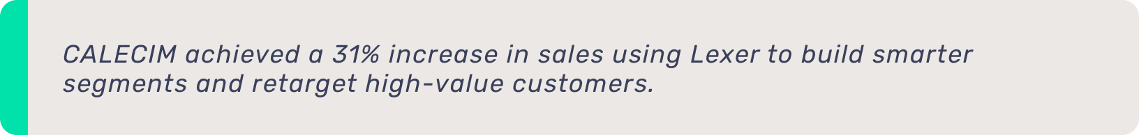 Quote bar: CALECIM achieved a 31% increase in sales using Lexer to build smarter segments and retarget high-value customers