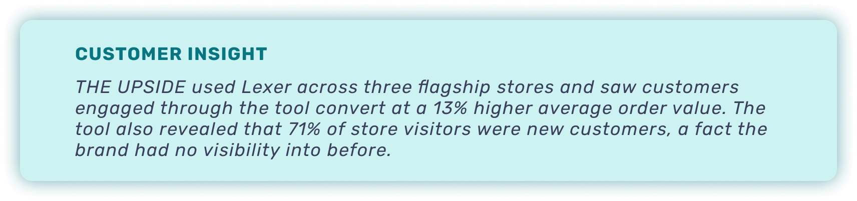 Quote bar with text "THE UPSIDE used Lexer across three flagship stores and saw customers engaged through the tool convert at a 13% higher average order value. The tool also revealed that 71% of store visitors were new customers, a fact the brand had no visibility into before."