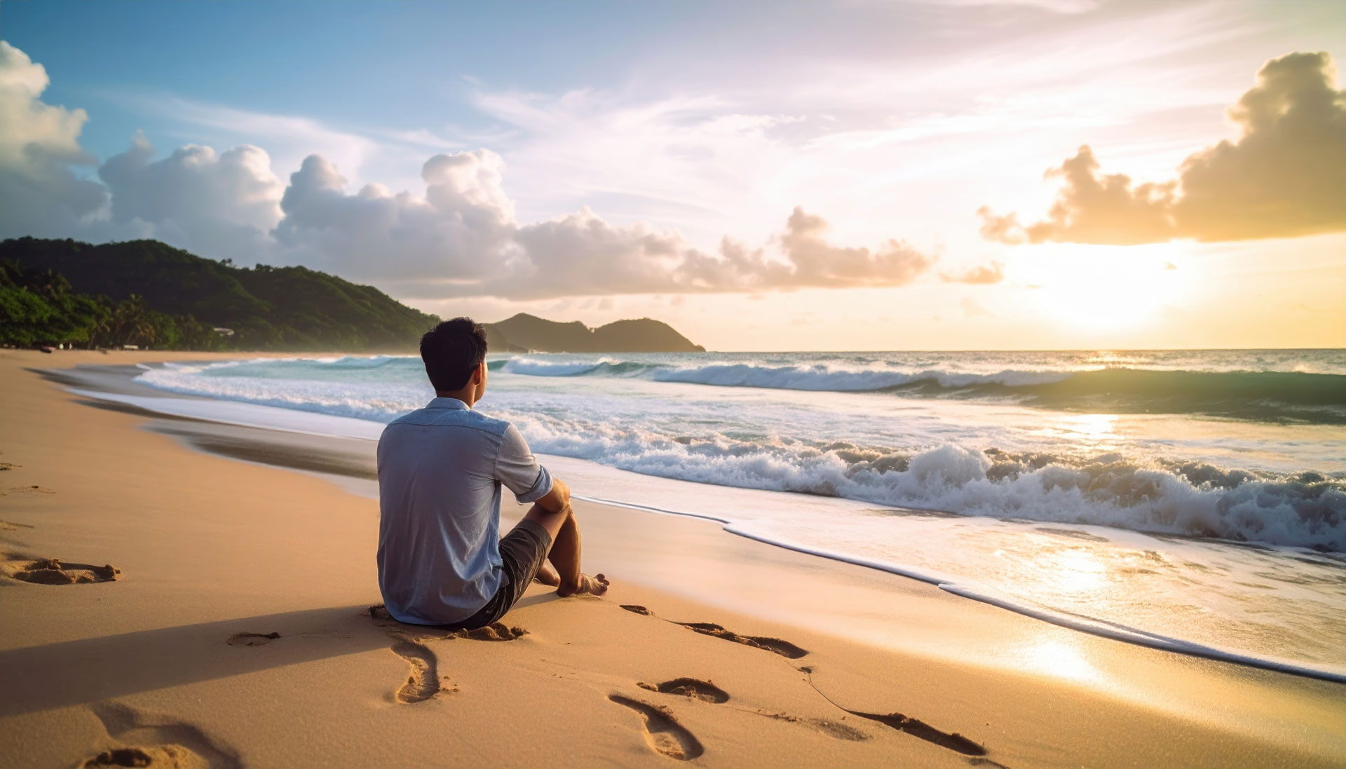 A financially free man sitting on a sandy beach