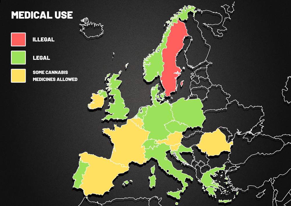 Europe map showing medical cannabis legality.