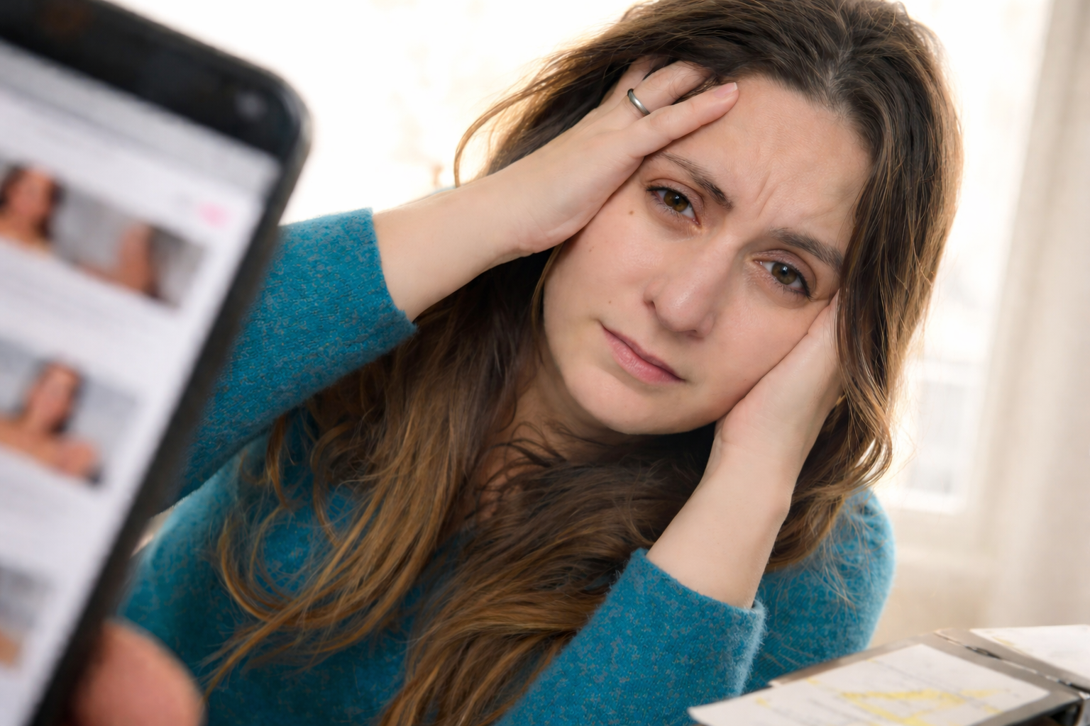 Frau schaut überfordert und skeptisch auf ein Smartphone – Symbolbild für Reizüberflutung durch zu viele Hautpflegeprodukte