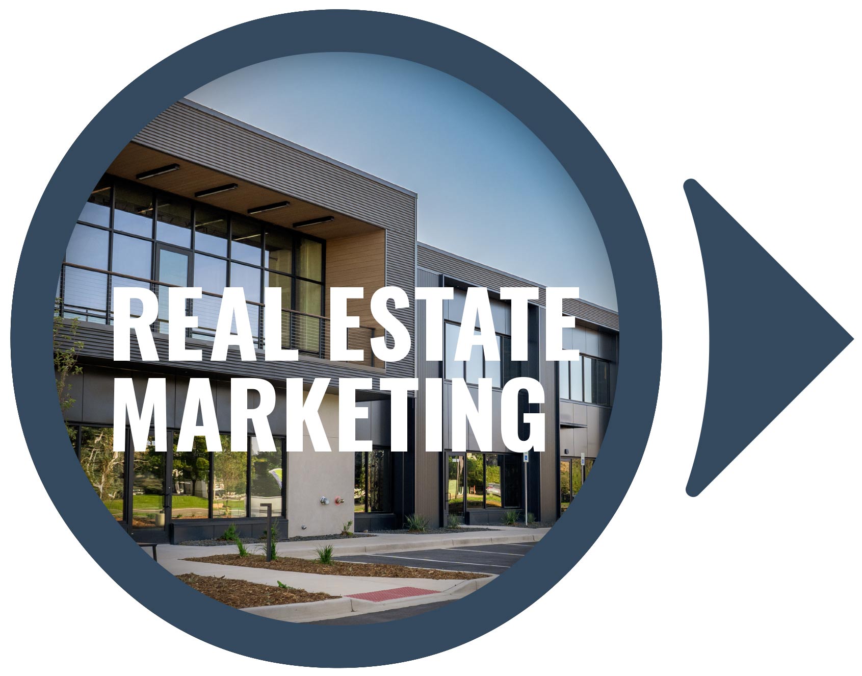 Modern commercial building exterior with text overlay reading 'Real Estate Marketing'.