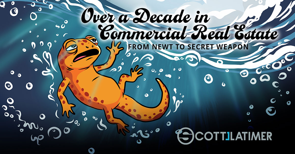 Orange newt underwater surrounded by bubbles with text about a decade in commercial real estate.
