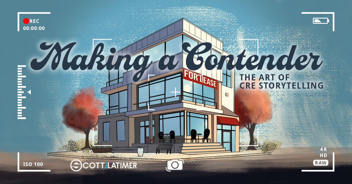 Illustration of a modern building with a 'For Lease' sign under a camera recording frame and text about CRE storytelling.