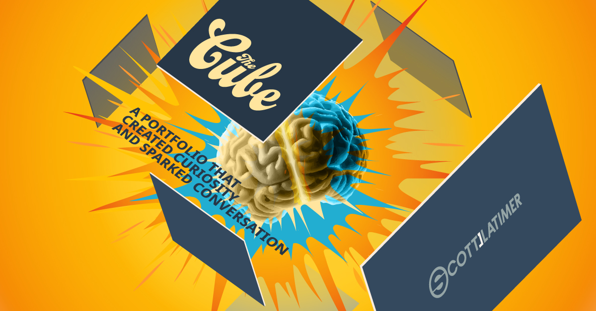 3D exploding cube revealing a brain with text about a portfolio sparking curiosity and conversation.
