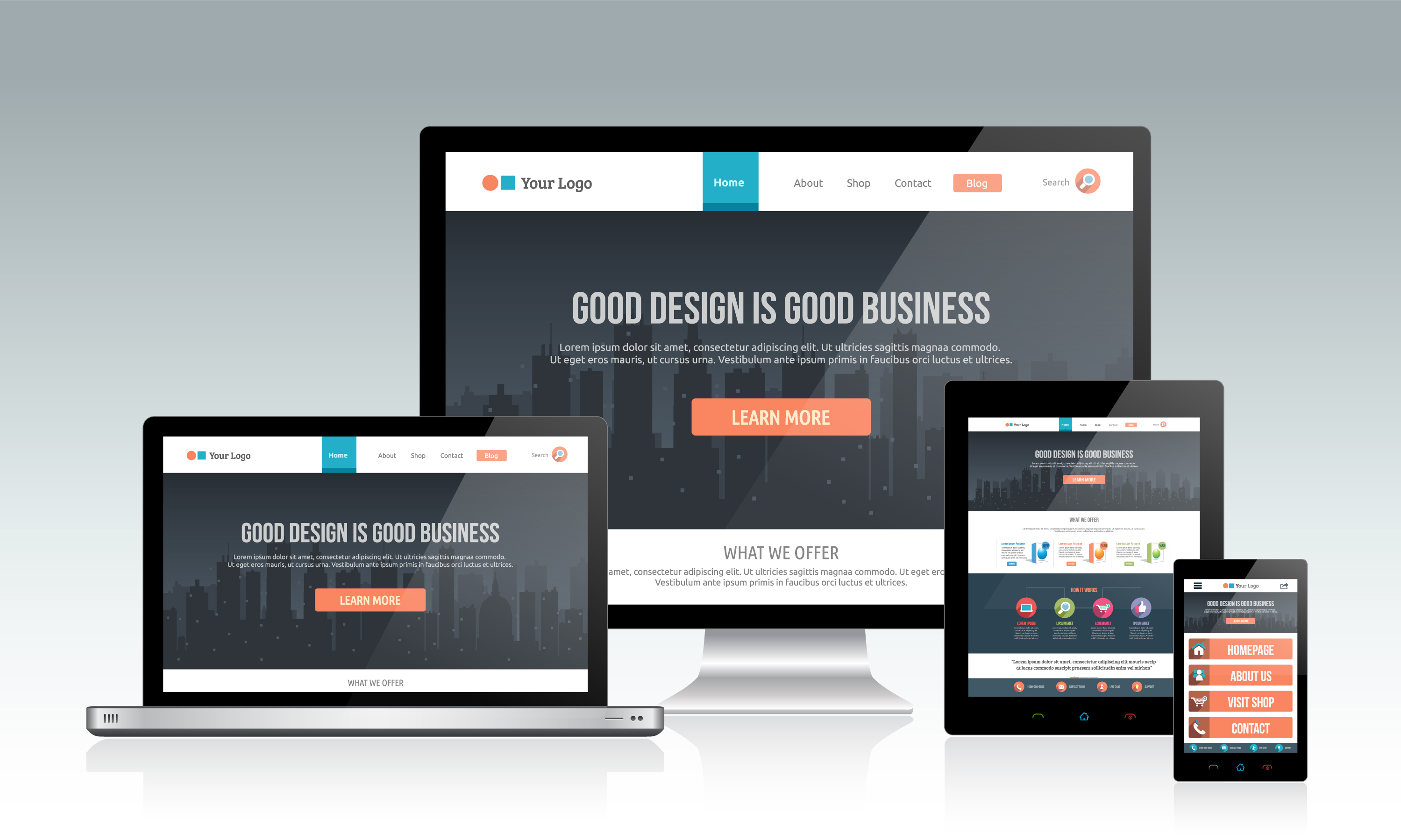 Responsive website mockups on mobile and tablet devices showing modern web design and redesign layout.