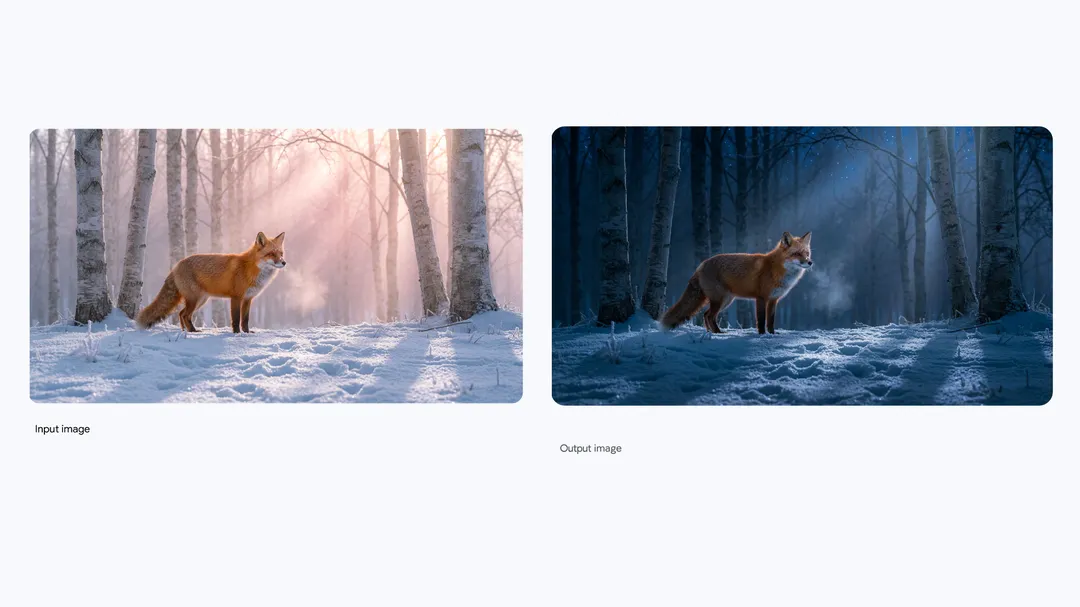 A fox in the snow in the daytime and at night