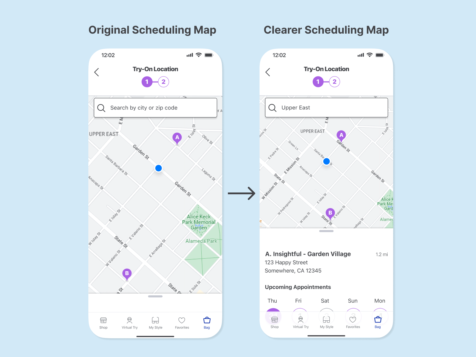 Insightful high-fidelity prototype change: clearer scheduling map.