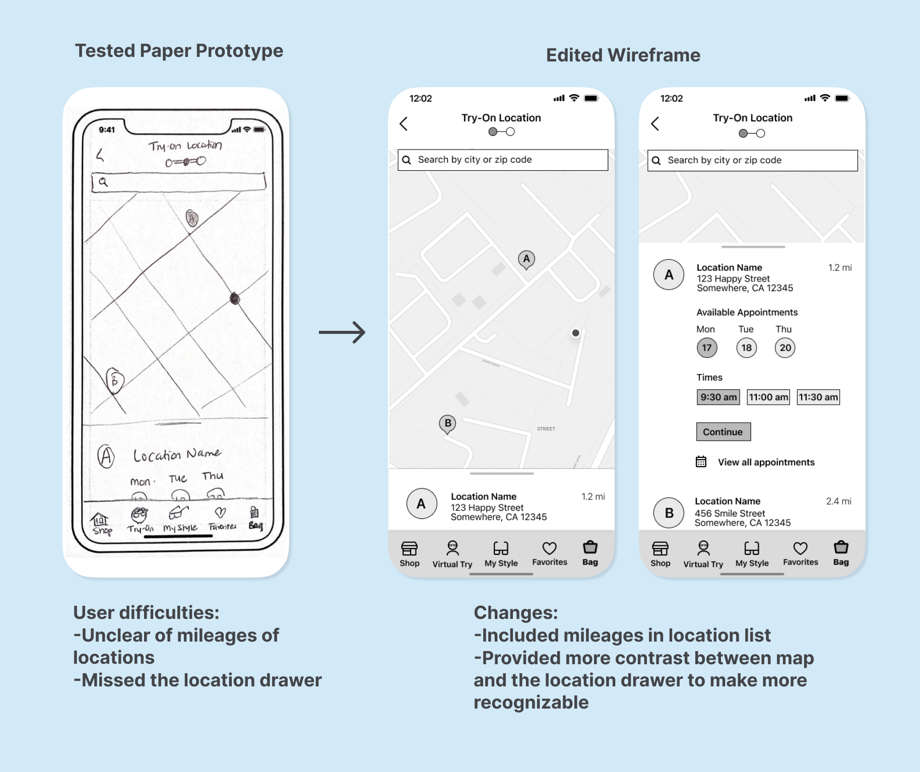 Insightful tested paper prototype change to edited wireframe for scheduling map clarification.