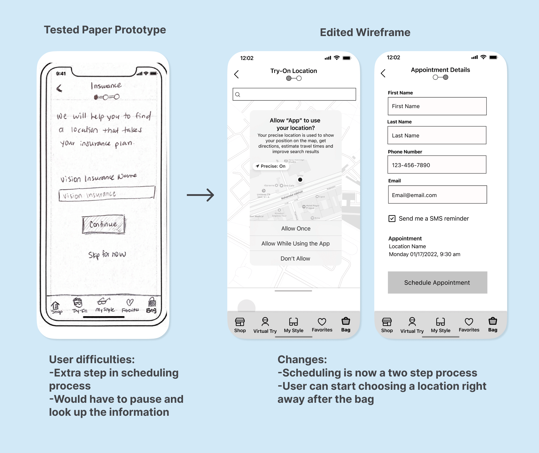 Insightful tested paper prototype change to edited wireframe for lessening scheduling steps.