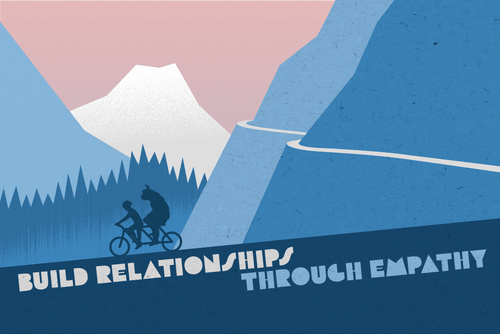 Build relationships through empathy - A yeti is riding a tandem bicycle along a winding mountain road with a human companion