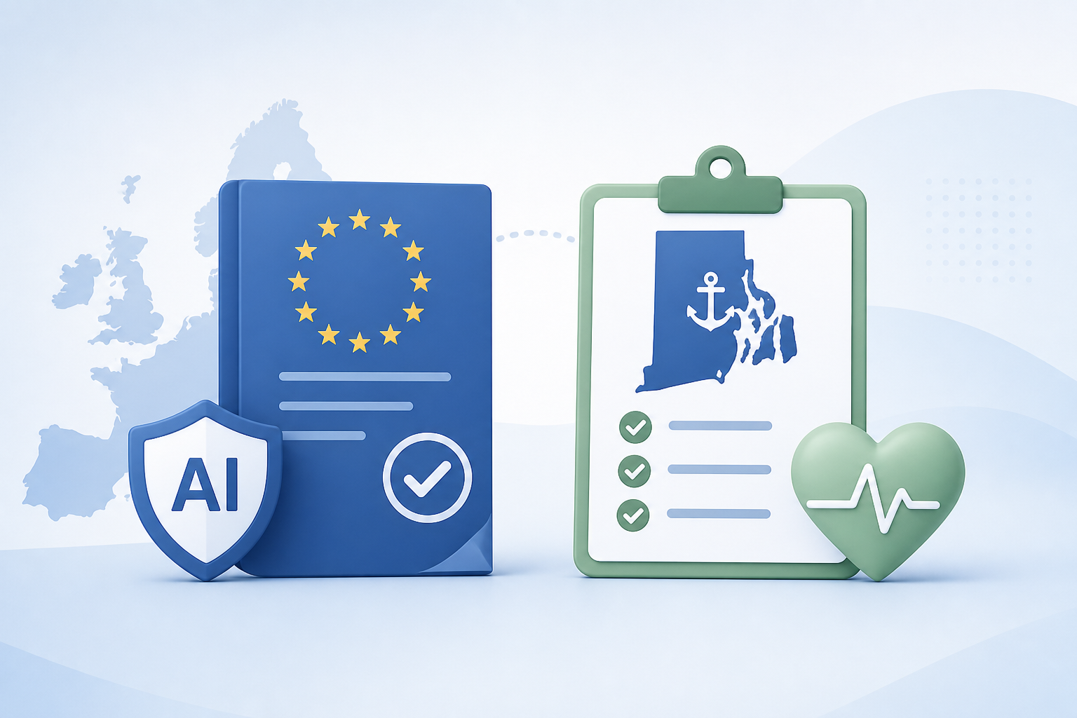 Abstract graphic showing a digital EU flag alongside a US state outline representing new AI regulation milestones in Europe and Rhode Island in July 2026