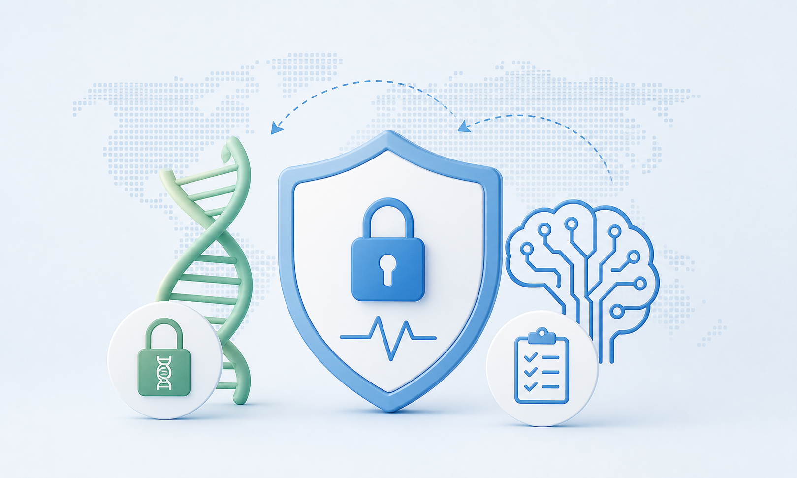Abstract digital network over a hospital building silhouette, representing healthcare cybersecurity and data protection threats in the biotech sector