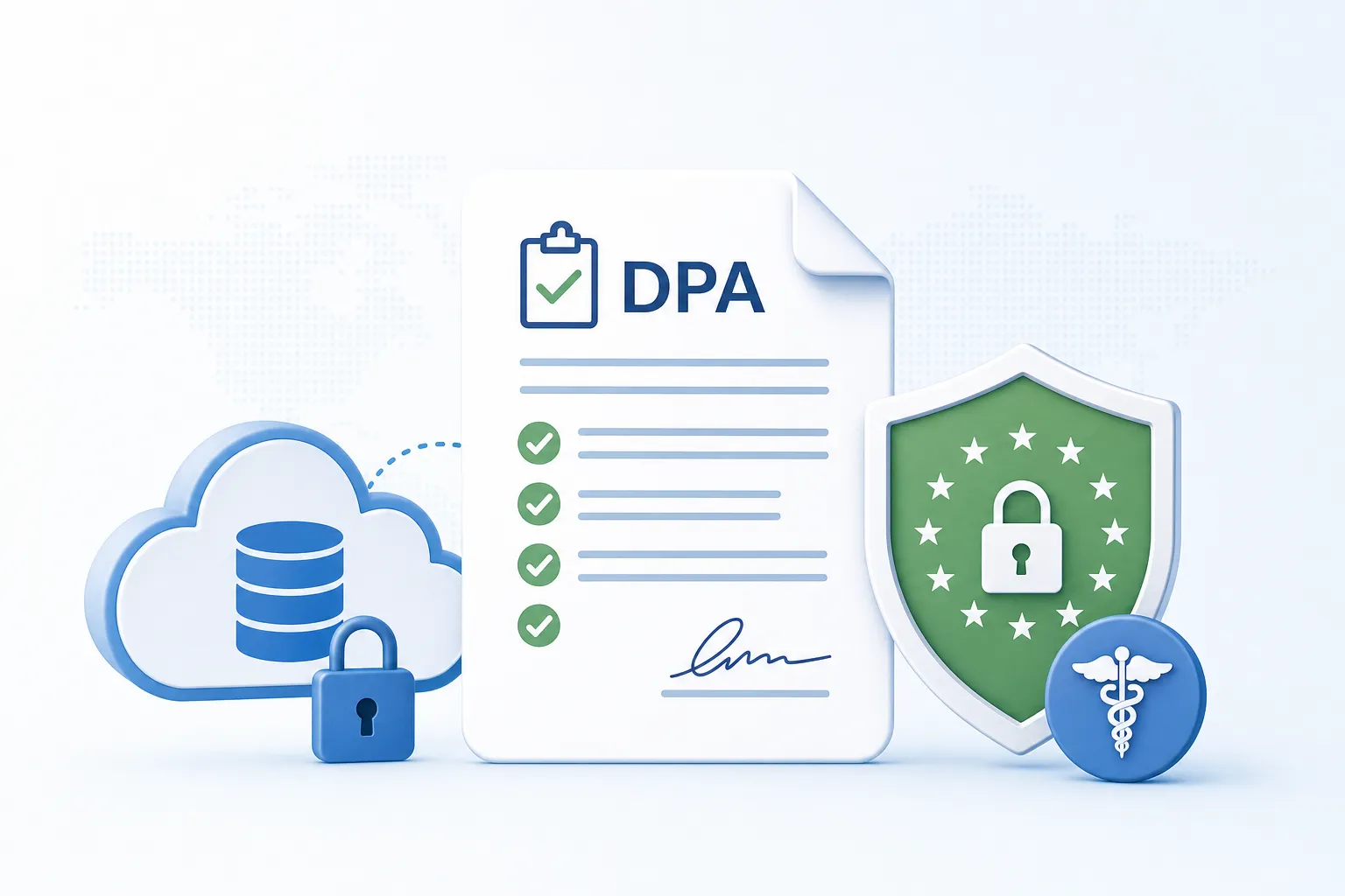 A compliance officer reviews a data processing agreement for a clinical trial cloud platform, with GDPR documentation visible on screen
